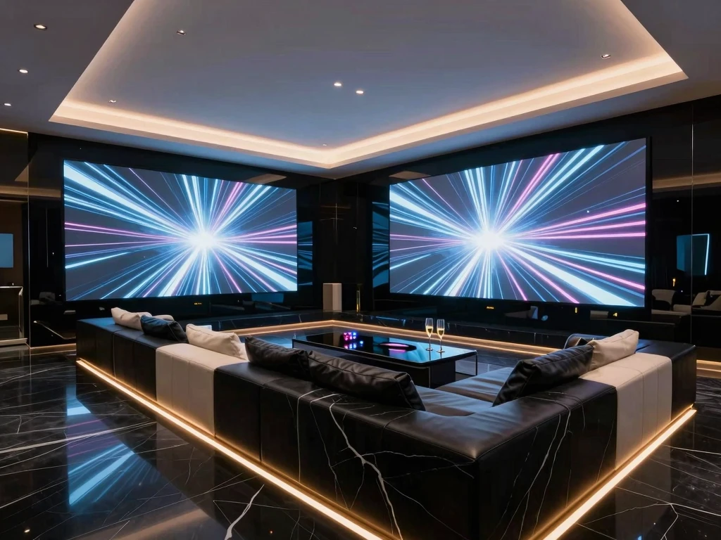 하이엔드 스피커와 대형 스크린이 설치된 스테이지 룸